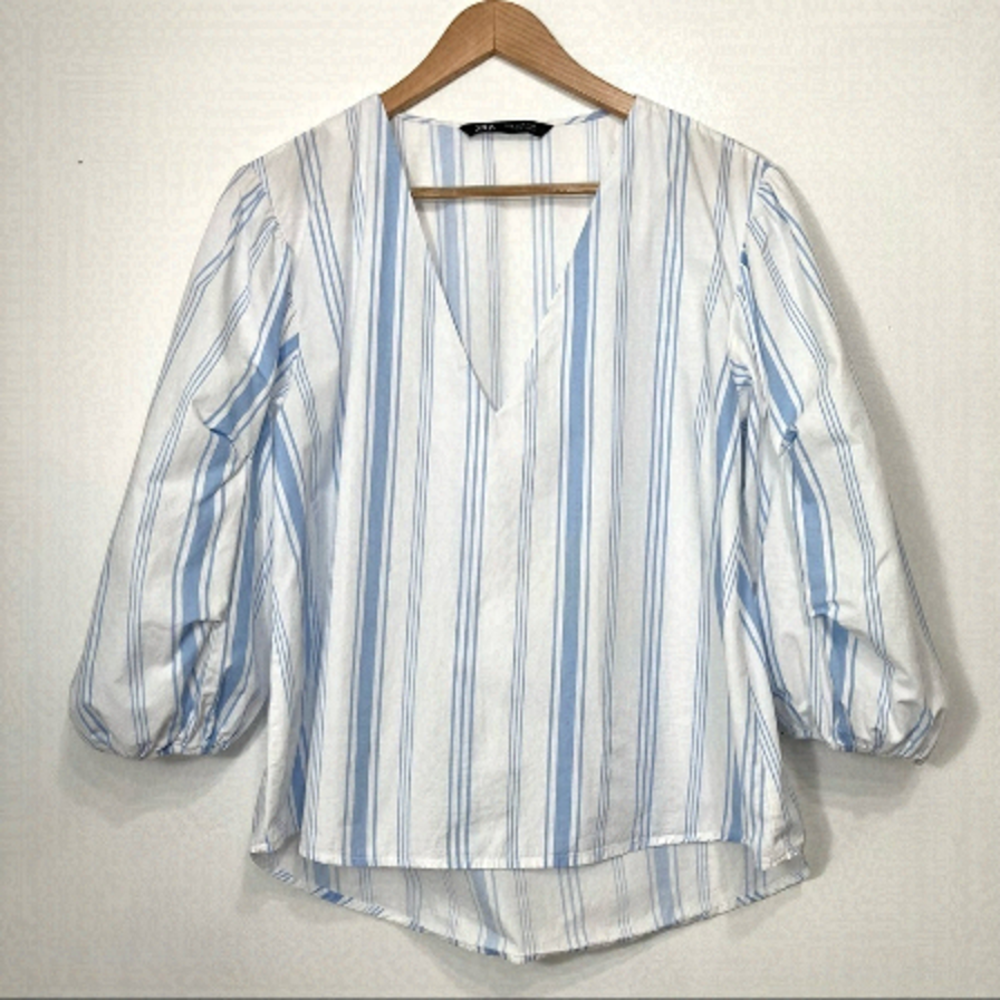 Zara V-Neck Striped Balloon Sleeve High Low Blouse Size M